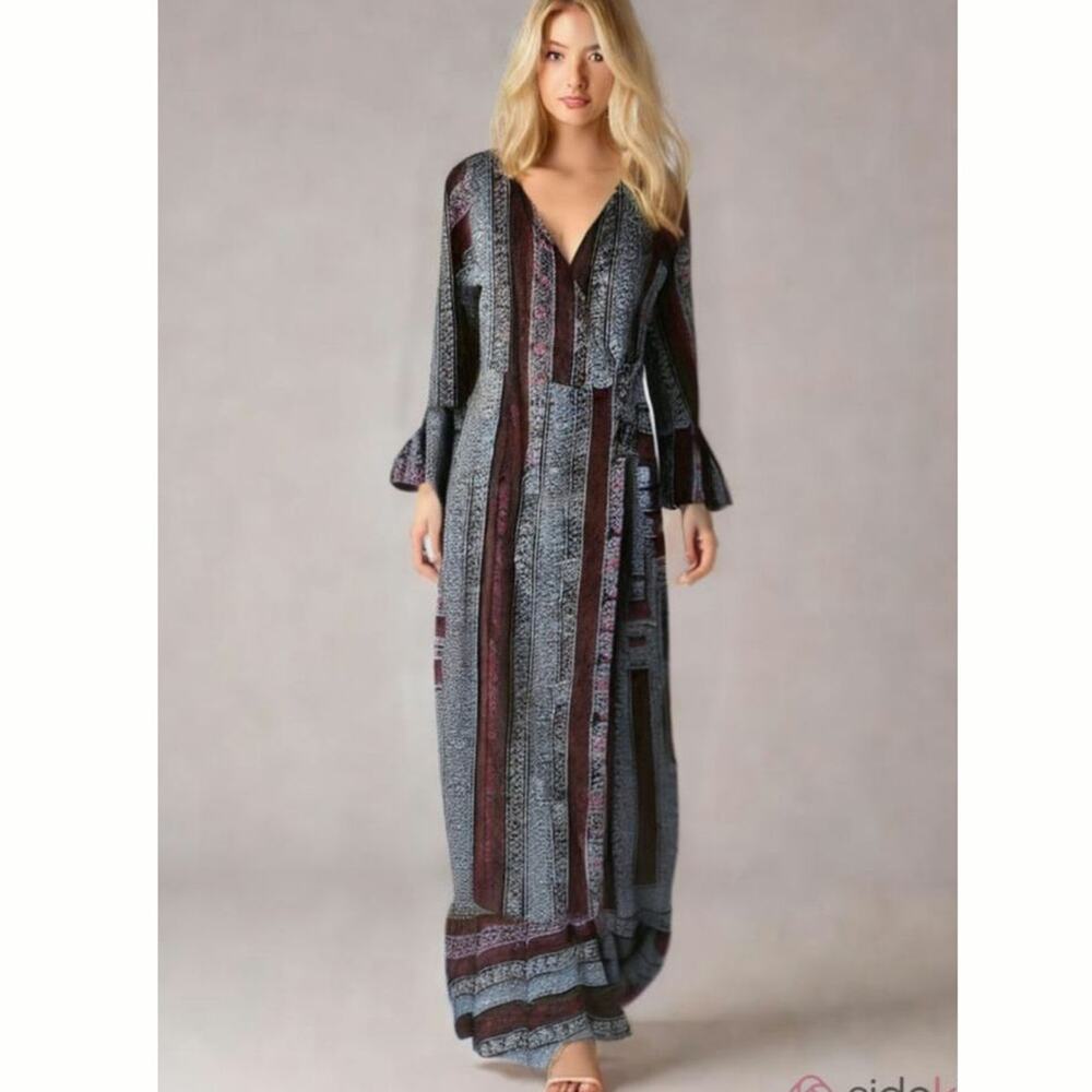 R Vivimos floral Geo maxi wrap dress sz 4/6 rose/gold/blk Boho festival unique
